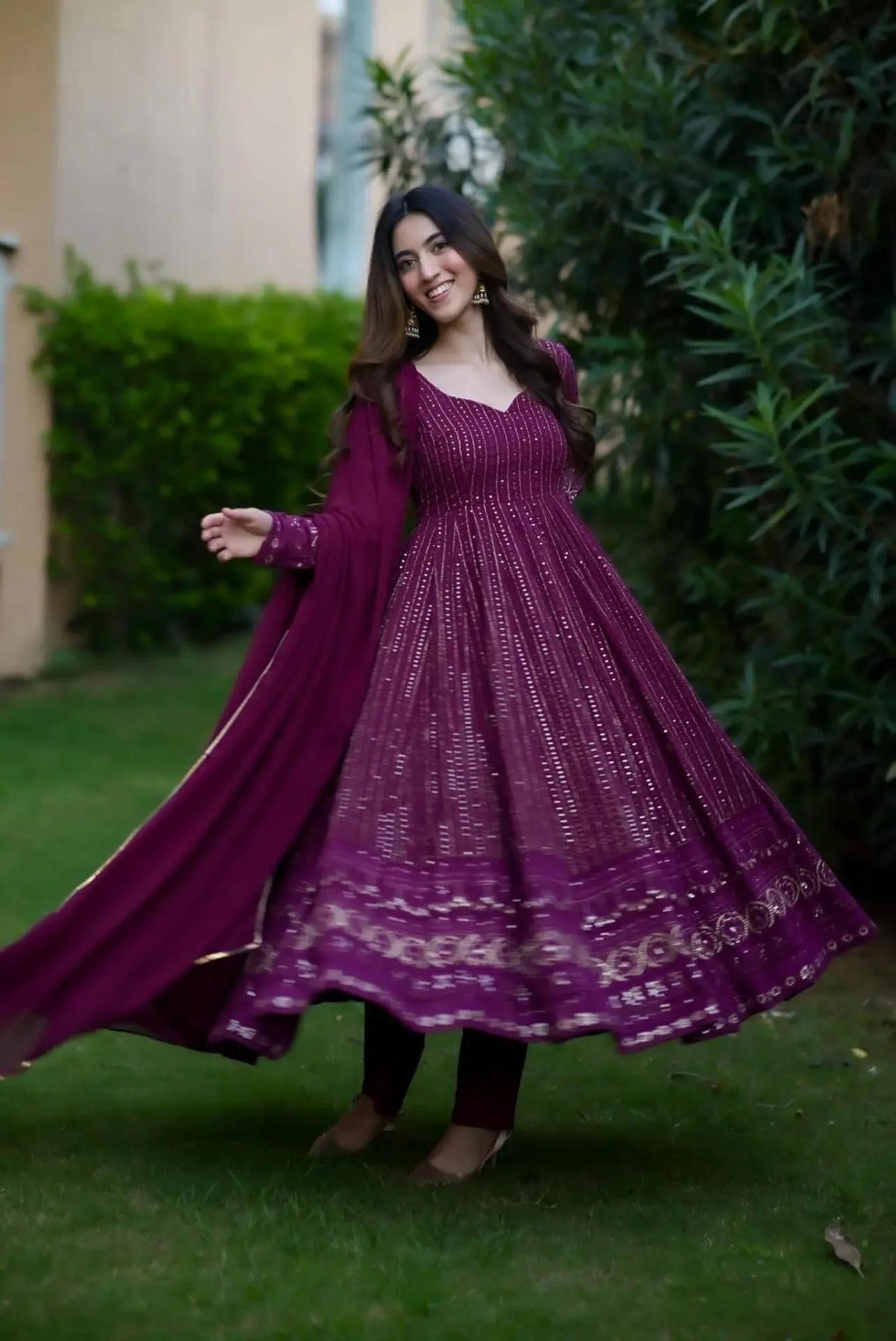 Party Wear Wine Color Faux Blooming Fabric With 3mm Embroidery Badlo Zari Work Beautiful Anarkali Suit