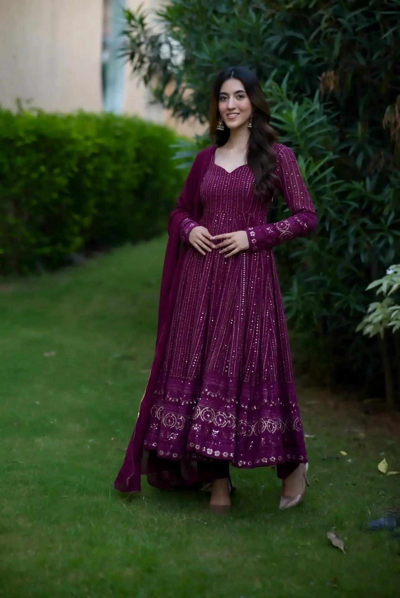 Party Wear Wine Color Faux Blooming Fabric With 3mm Embroidery Badlo Zari Work Beautiful Anarkali Suit