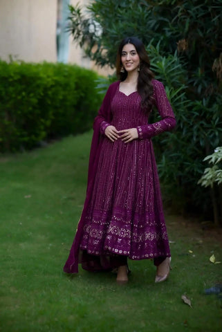 Party Wear Wine Color Faux Blooming Fabric With 3mm Embroidery Badlo Zari Work Beautiful Anarkali Suit