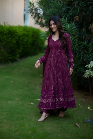 Party Wear Wine Color Faux Blooming Fabric With 3mm Embroidery Badlo Zari Work Beautiful Anarkali Suit
