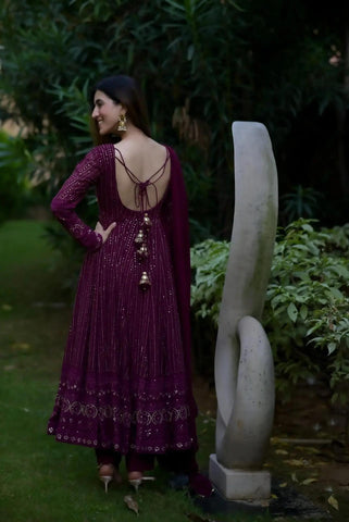 Party Wear Wine Color Faux Blooming Fabric With 3mm Embroidery Badlo Zari Work Beautiful Anarkali Suit