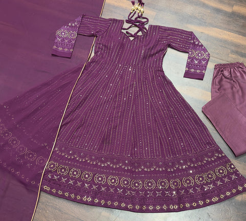 Party Wear Wine Color Faux Blooming Fabric With 3mm Embroidery Badlo Zari Work Beautiful Anarkali Suit