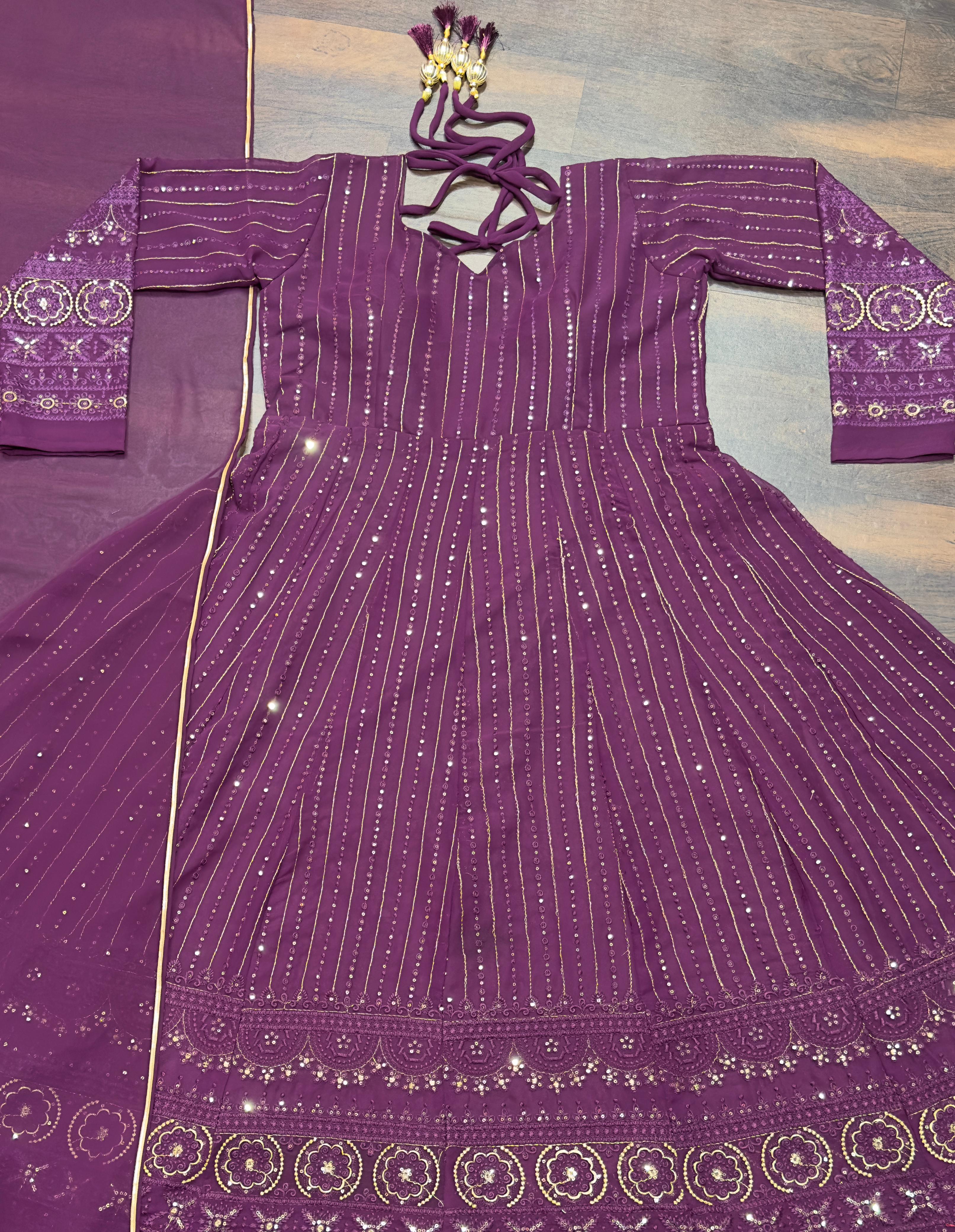 Party Wear Wine Color Faux Blooming Fabric With 3mm Embroidery Badlo Zari Work Beautiful Anarkali Suit