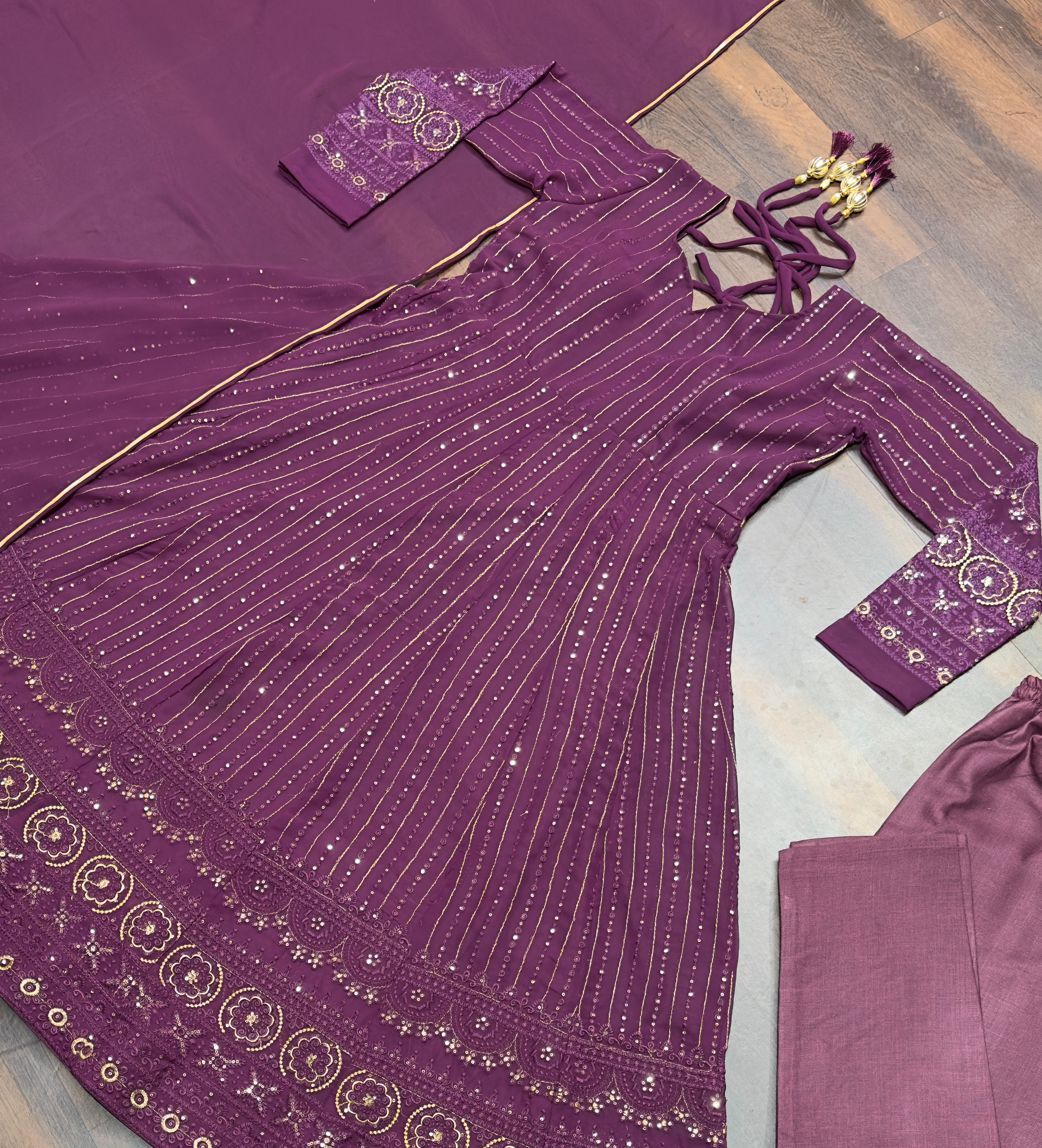 Party Wear Wine Color Faux Blooming Fabric With 3mm Embroidery Badlo Zari Work Beautiful Anarkali Suit