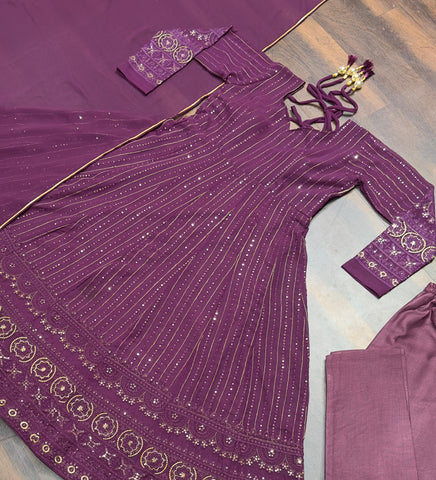 Party Wear Wine Color Faux Blooming Fabric With 3mm Embroidery Badlo Zari Work Beautiful Anarkali Suit