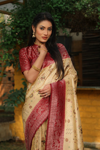 Wedding Wear Beige Color Pure Original Kanjivaram Soft Silk Saree