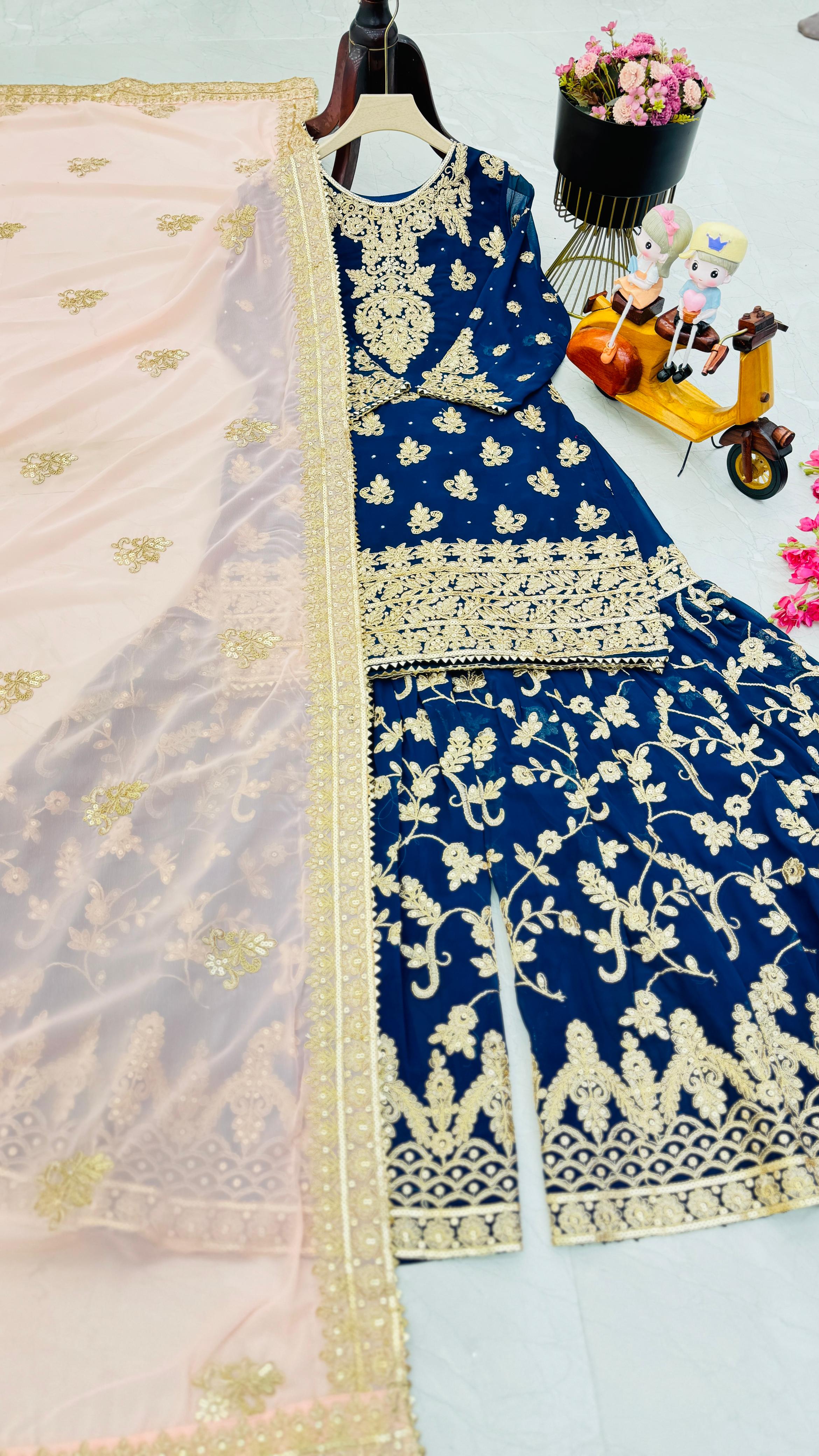 Captivating Blue Color Faux Georgette With Embroidery Codding Sequence Work Designer Sharara Suit