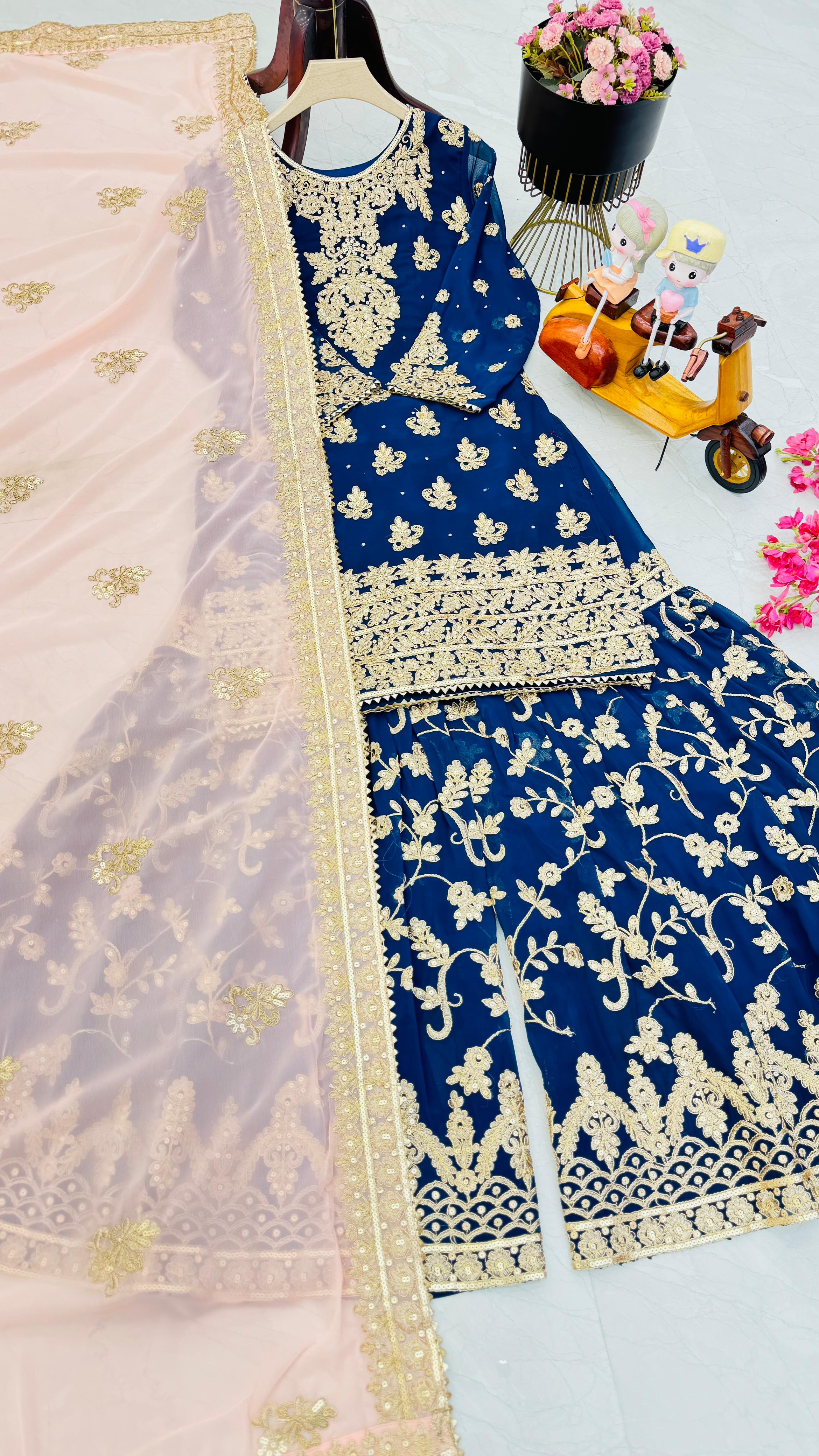 Captivating Blue Color Faux Georgette With Embroidery Codding Sequence Work Designer Sharara Suit