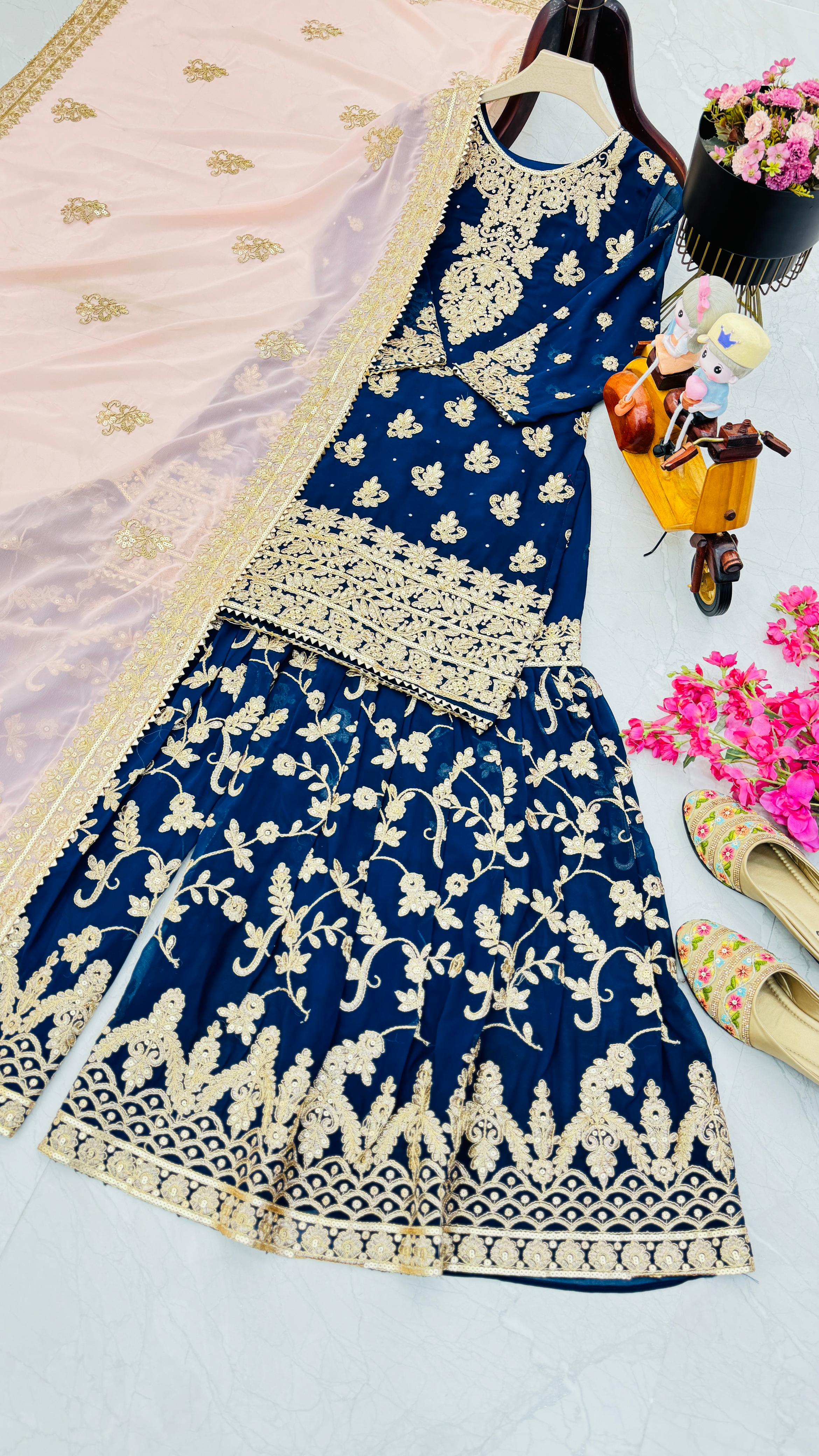 Captivating Blue Color Faux Georgette With Embroidery Codding Sequence Work Designer Sharara Suit