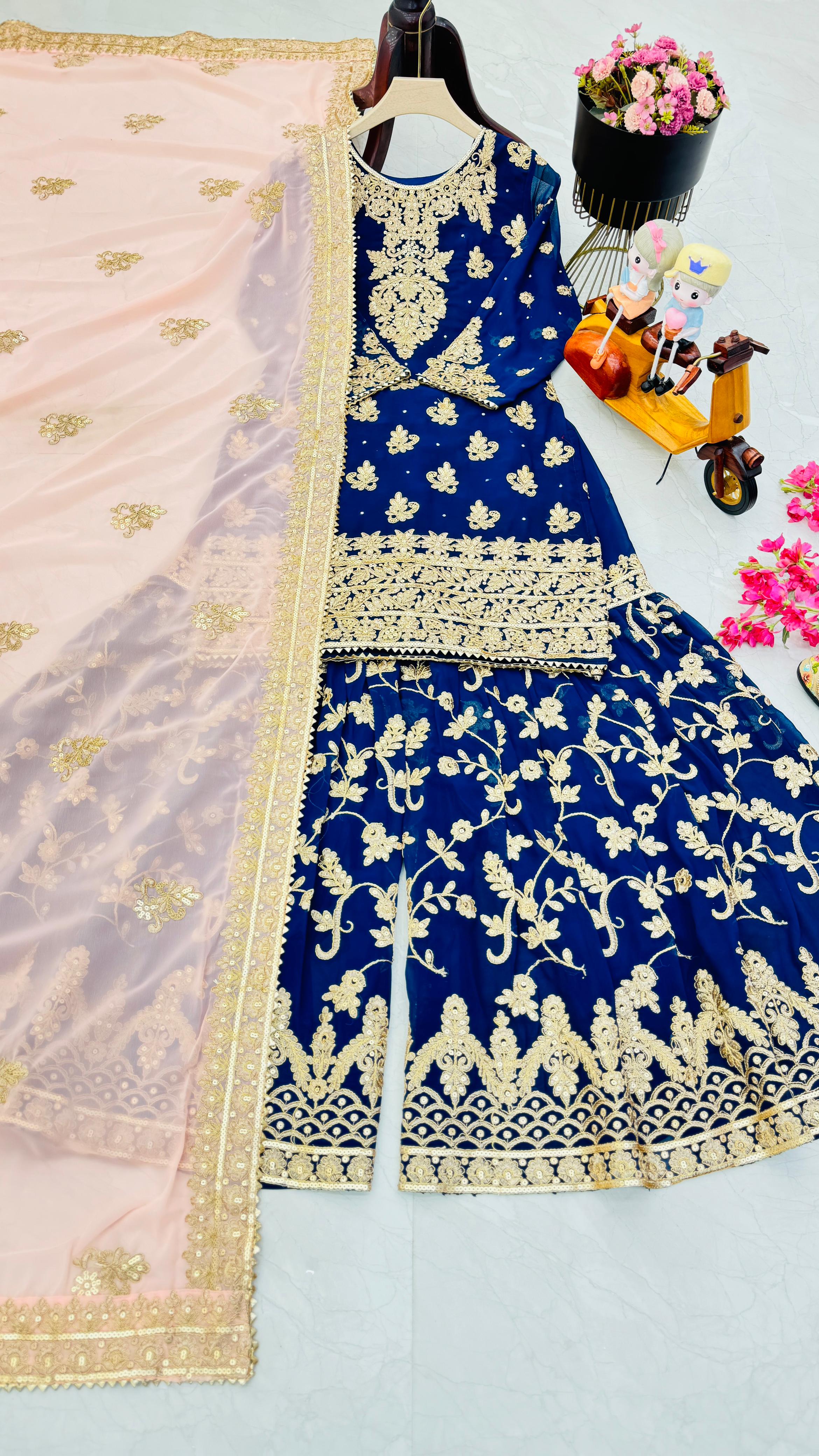 Captivating Blue Color Faux Georgette With Embroidery Codding Sequence Work Designer Sharara Suit