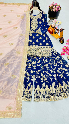 Captivating Blue Color Faux Georgette With Embroidery Codding Sequence Work Designer Sharara Suit