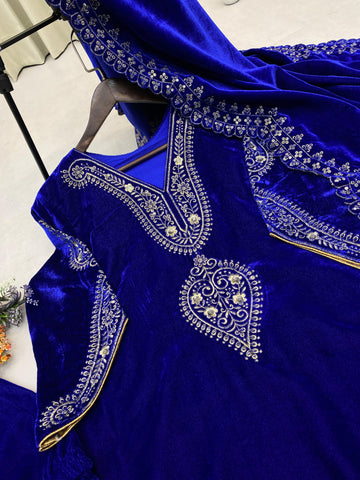 Ceremony Wear Royal Blue Color Velvet With Embroidery Sequence Work And Piping On Sleeves Designer Salwar Suit