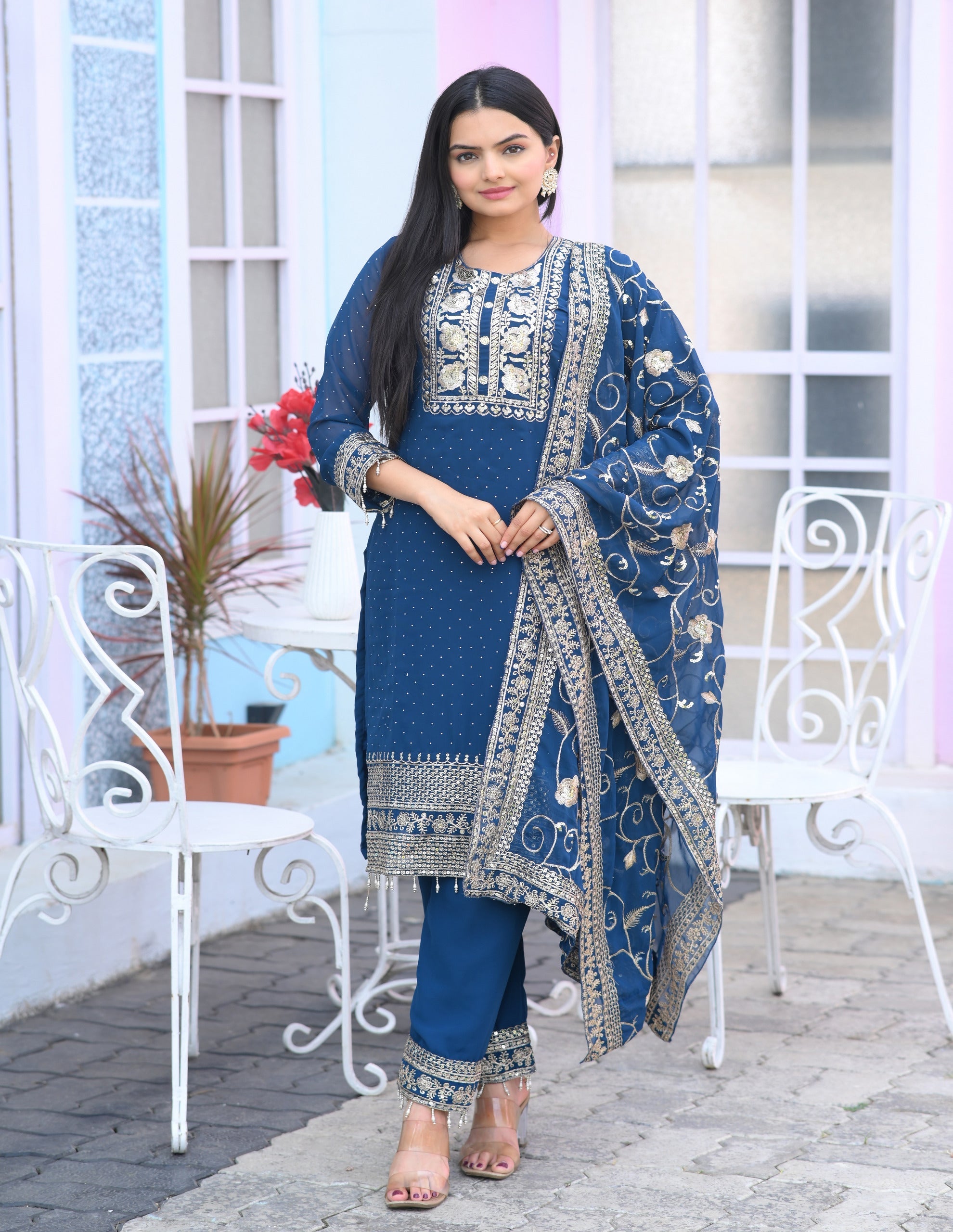Engagement Wear Navy Blue Color Faux Georgette And Sequence Embroidery Work And Stone Work Designer Salwar Suit