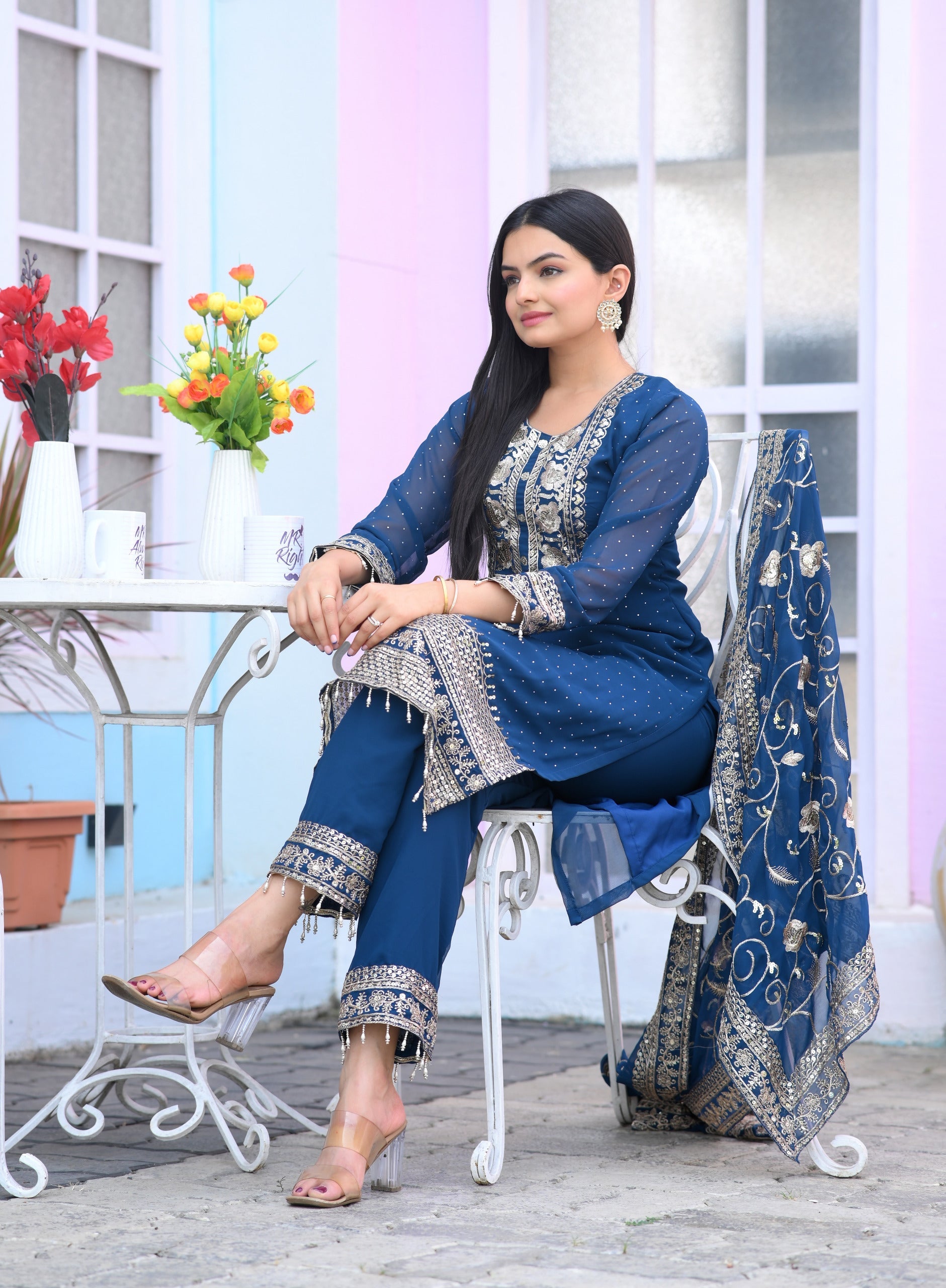Engagement Wear Navy Blue Color Faux Georgette And Sequence Embroidery Work And Stone Work Designer Salwar Suit