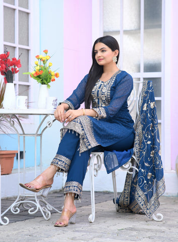 Engagement Wear Navy Blue Color Faux Georgette And Sequence Embroidery Work And Stone Work Designer Salwar Suit