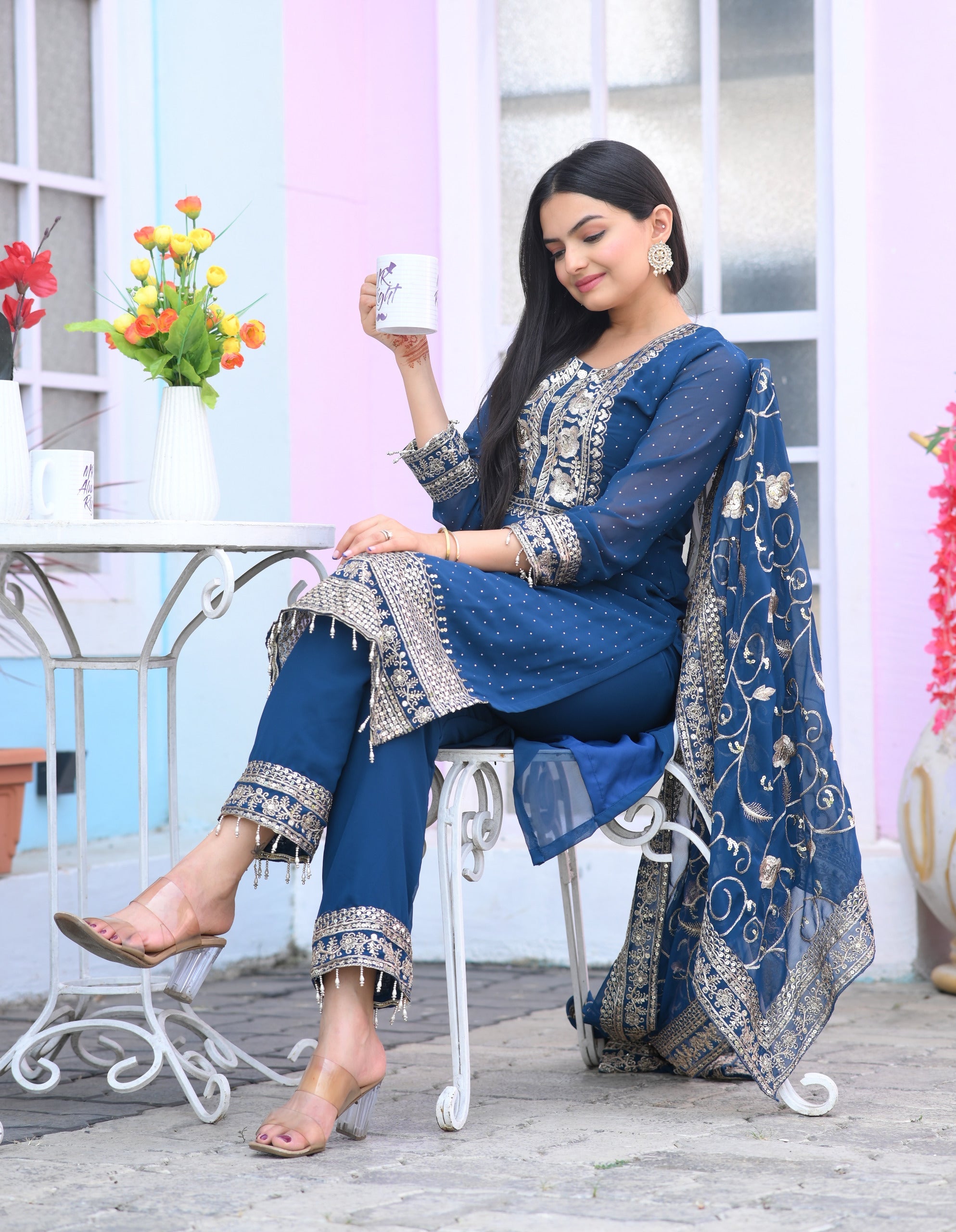 Engagement Wear Navy Blue Color Faux Georgette And Sequence Embroidery Work And Stone Work Designer Salwar Suit