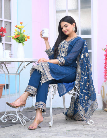 Engagement Wear Navy Blue Color Faux Georgette And Sequence Embroidery Work And Stone Work Designer Salwar Suit