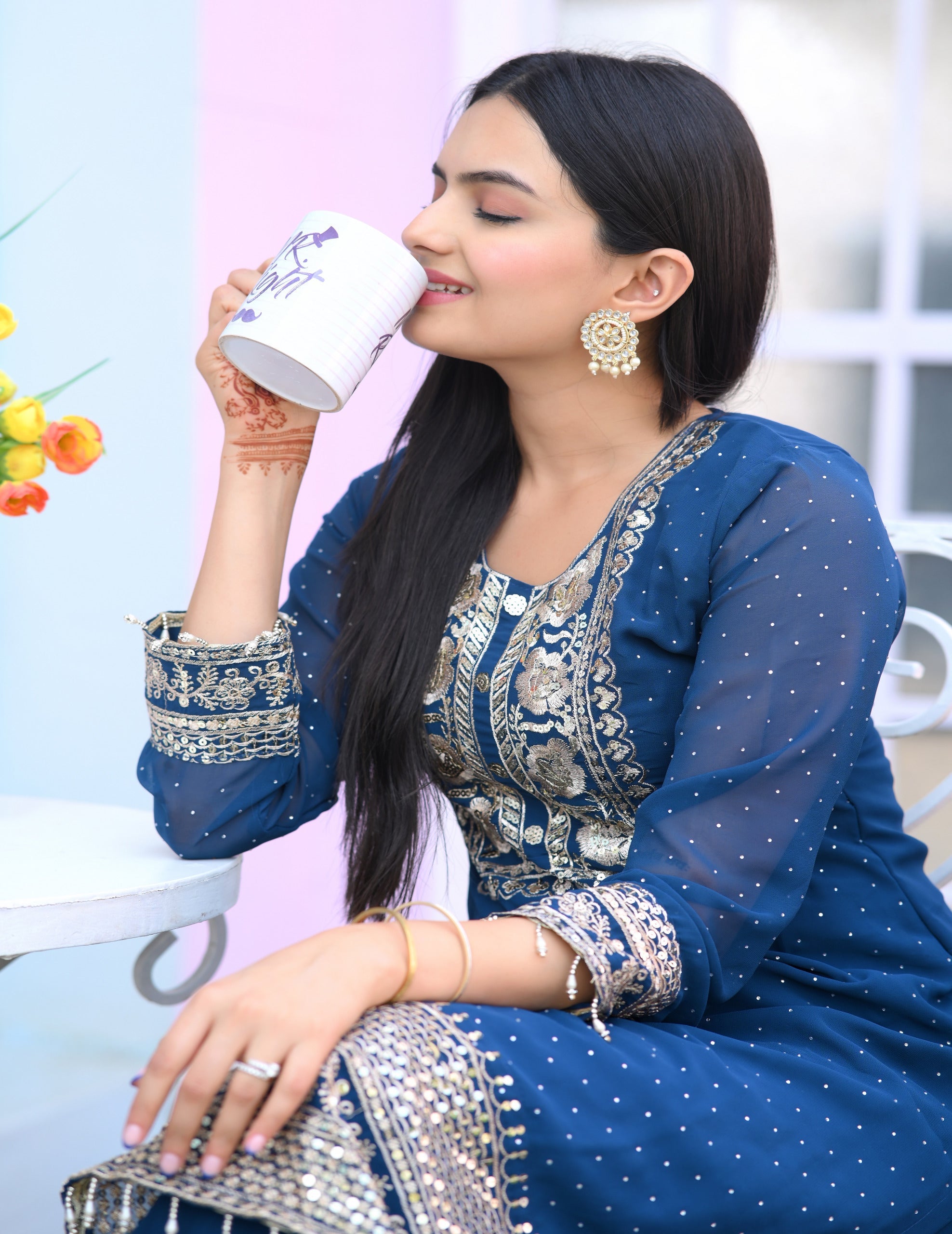 Engagement Wear Navy Blue Color Faux Georgette And Sequence Embroidery Work And Stone Work Designer Salwar Suit