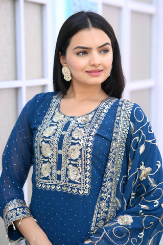 Engagement Wear Navy Blue Color Faux Georgette And Sequence Embroidery Work And Stone Work Designer Salwar Suit