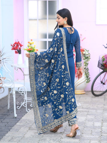 Engagement Wear Navy Blue Color Faux Georgette And Sequence Embroidery Work And Stone Work Designer Salwar Suit
