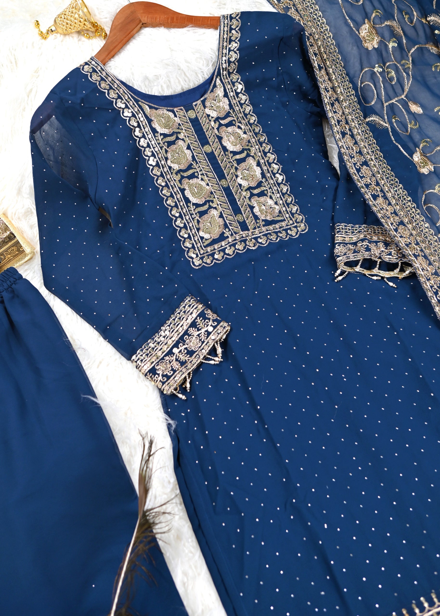 Engagement Wear Navy Blue Color Faux Georgette And Sequence Embroidery Work And Stone Work Designer Salwar Suit