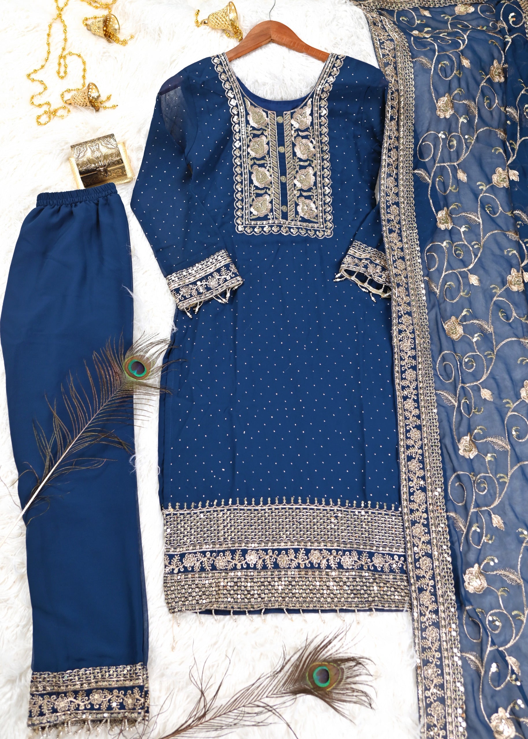 Engagement Wear Navy Blue Color Faux Georgette And Sequence Embroidery Work And Stone Work Designer Salwar Suit