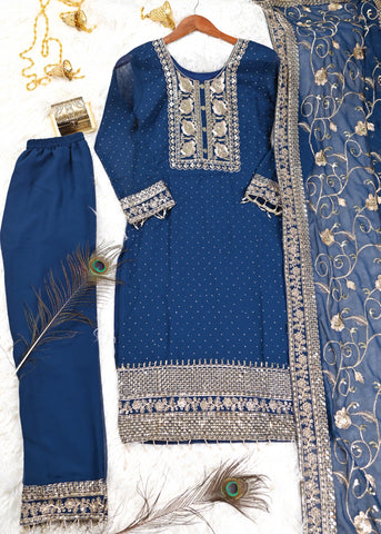 Engagement Wear Navy Blue Color Faux Georgette And Sequence Embroidery Work And Stone Work Designer Salwar Suit