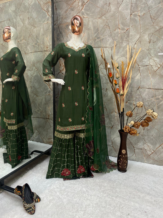 Wedding Wear Dark Green Color Velvet With Sequence Embroidery Work Beautiful Sharara Suit
