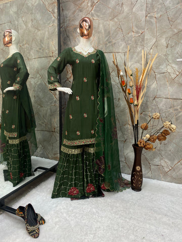 Wedding Wear Dark Green Color Velvet With Sequence Embroidery Work Beautiful Sharara Suit