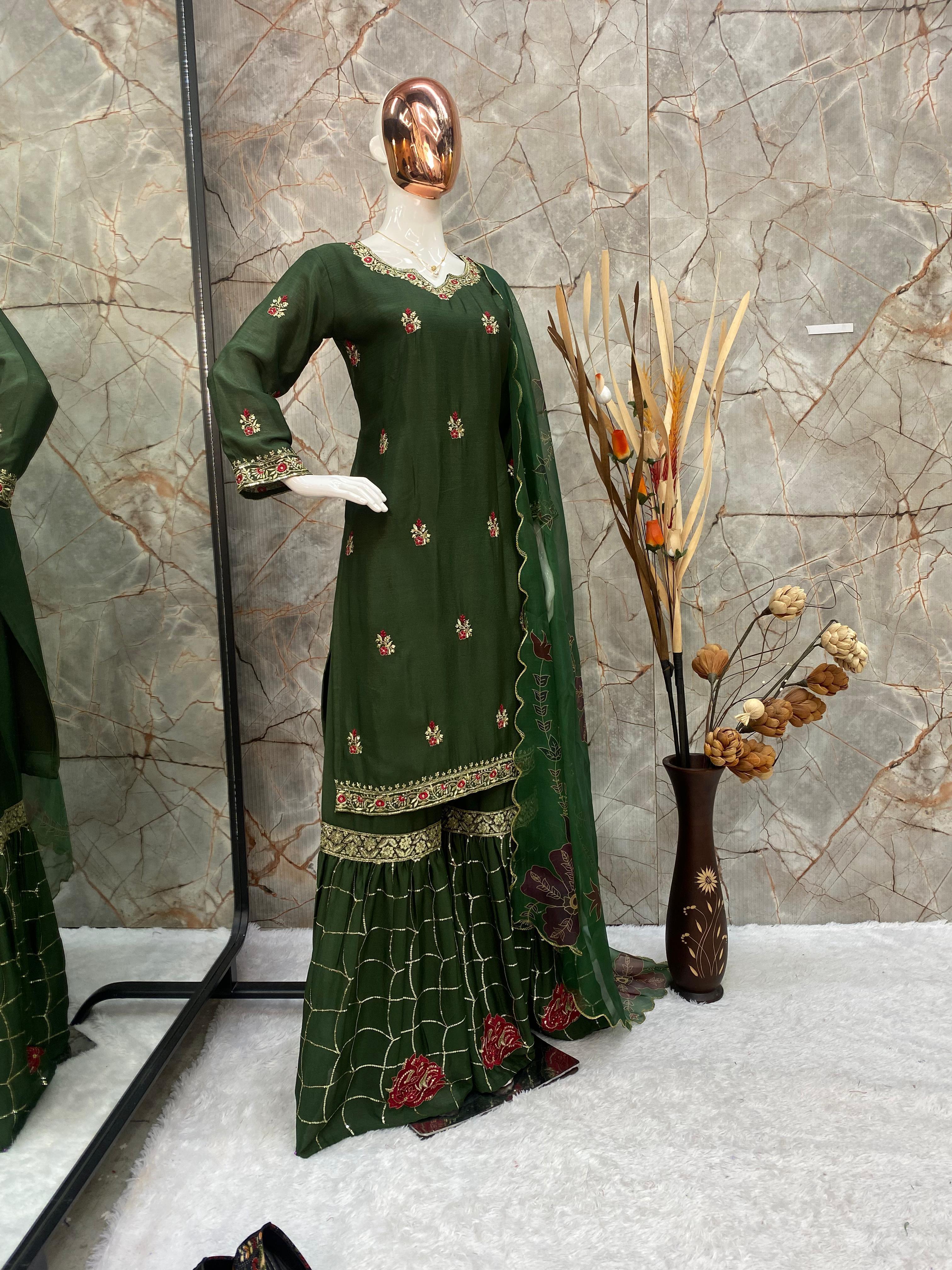 Wedding Wear Dark Green Color Velvet With Sequence Embroidery Work Beautiful Sharara Suit