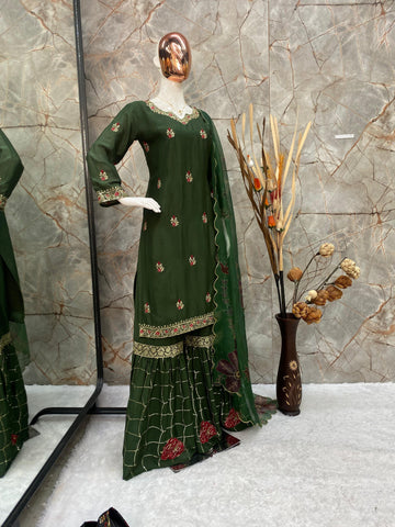 Wedding Wear Dark Green Color Velvet With Sequence Embroidery Work Beautiful Sharara Suit