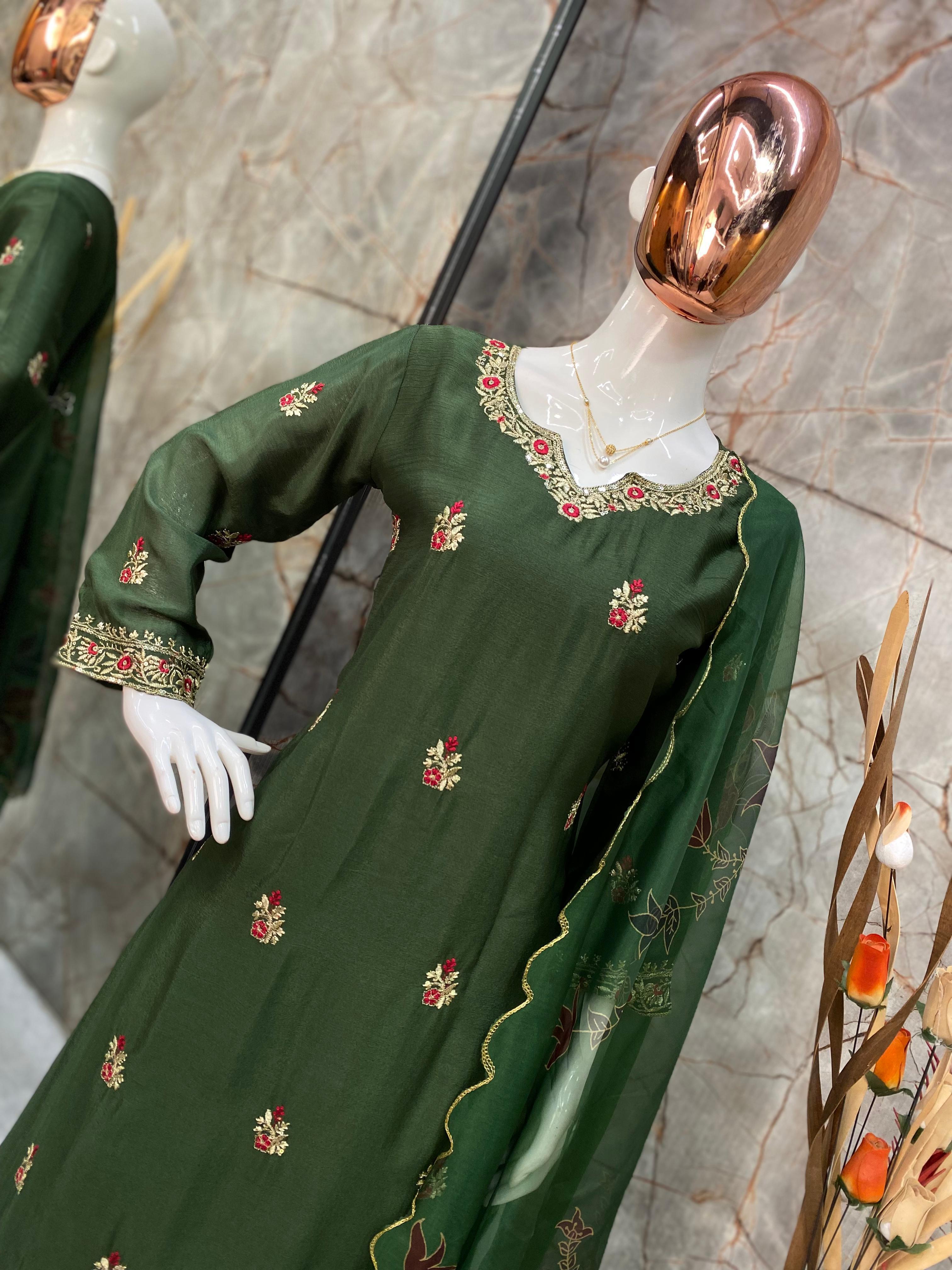 Wedding Wear Dark Green Color Velvet With Sequence Embroidery Work Beautiful Sharara Suit