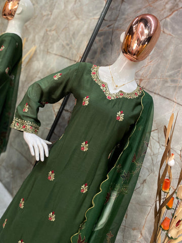 Wedding Wear Dark Green Color Velvet With Sequence Embroidery Work Beautiful Sharara Suit