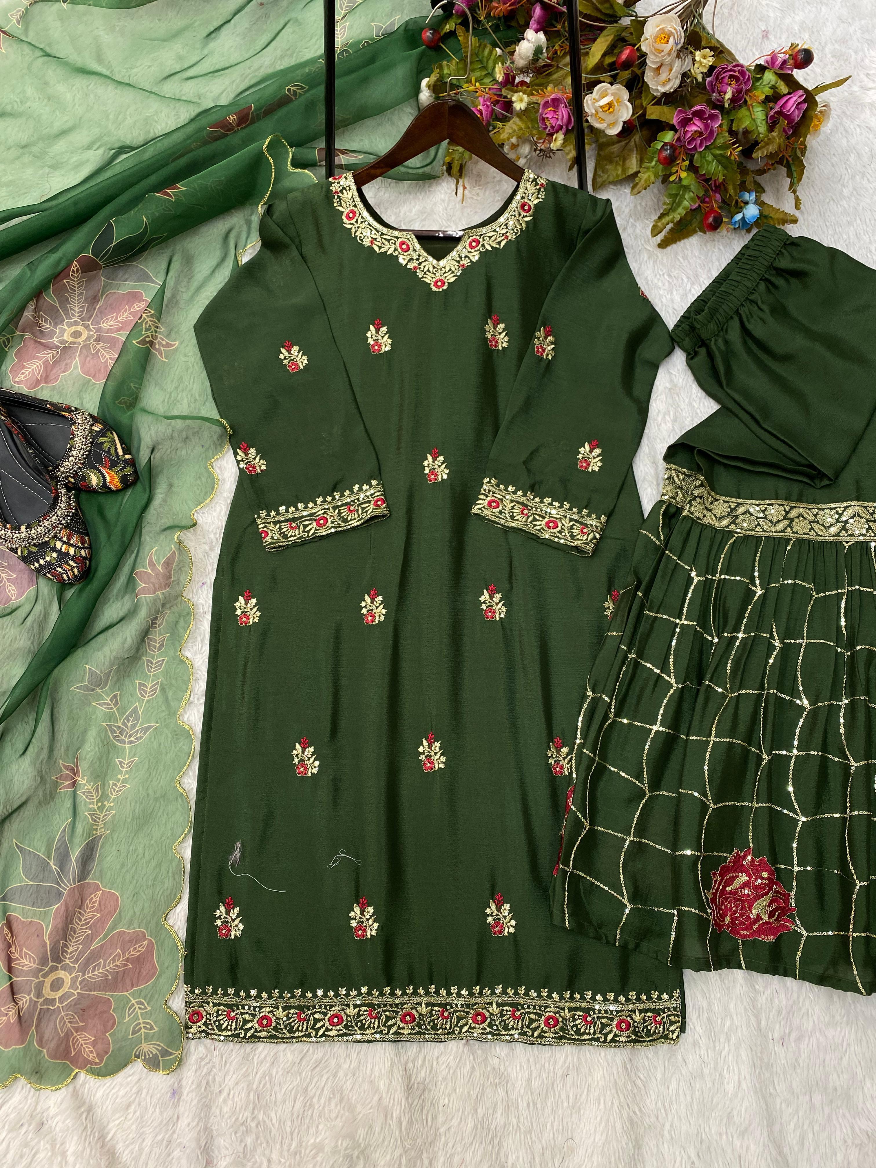 Wedding Wear Dark Green Color Velvet With Sequence Embroidery Work Beautiful Sharara Suit