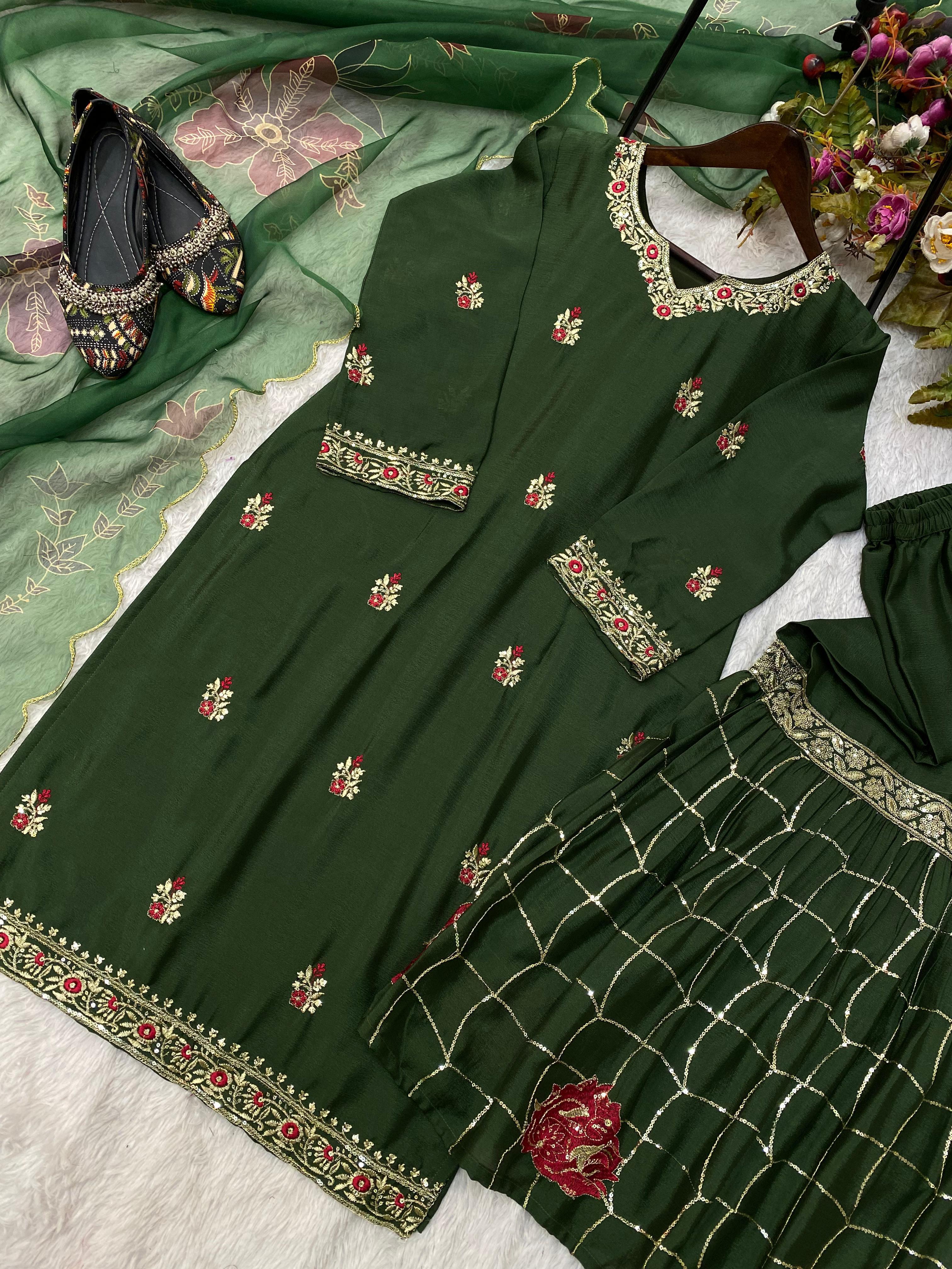 Wedding Wear Dark Green Color Velvet With Sequence Embroidery Work Beautiful Sharara Suit