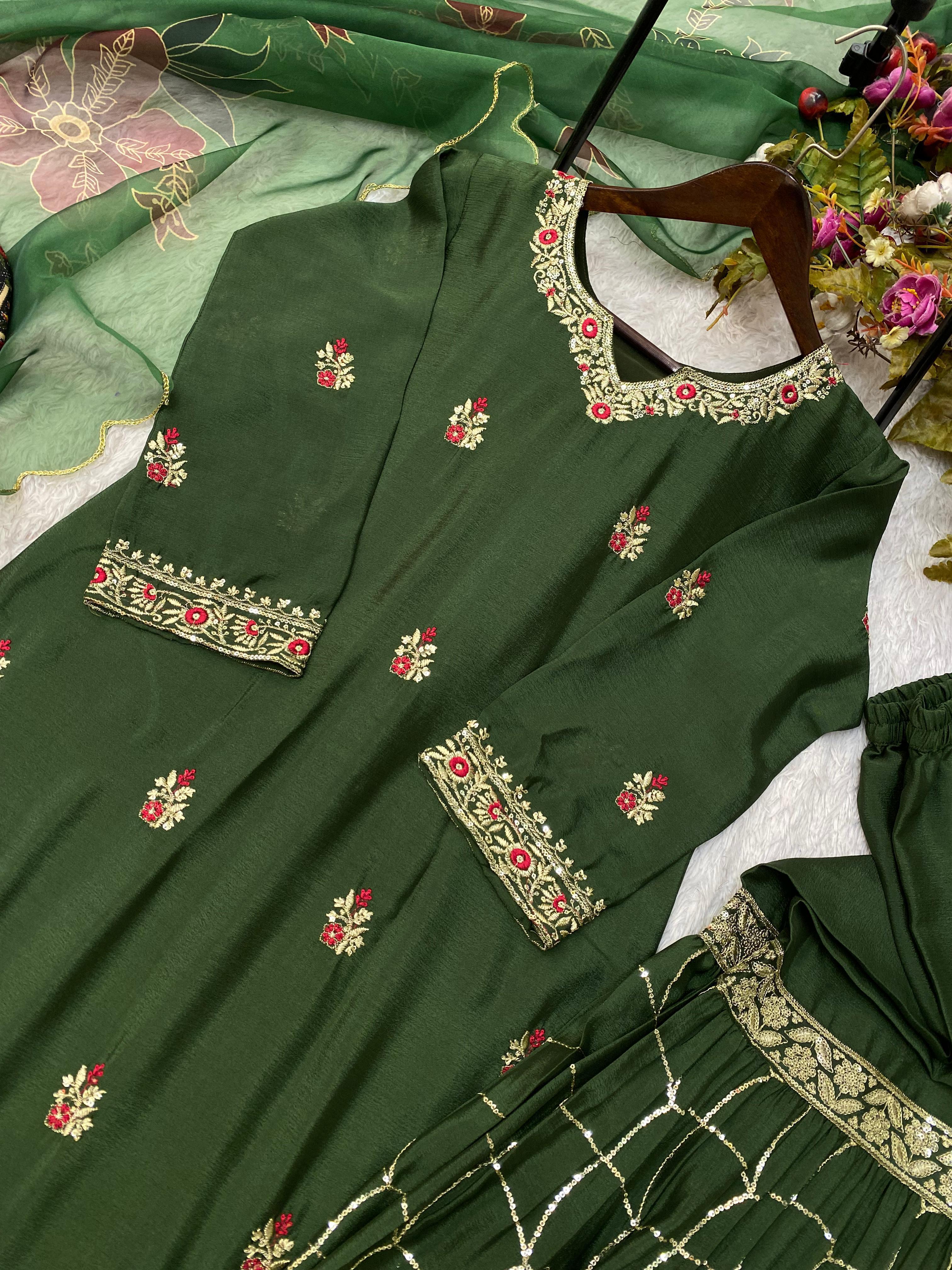 Wedding Wear Dark Green Color Velvet With Sequence Embroidery Work Beautiful Sharara Suit