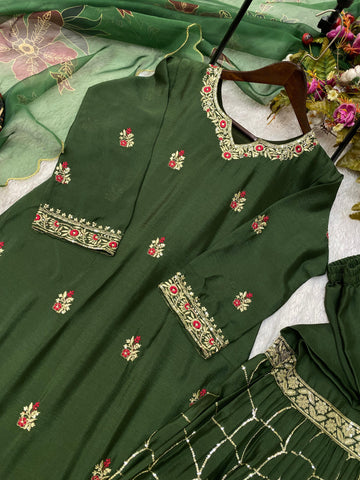 Wedding Wear Dark Green Color Velvet With Sequence Embroidery Work Beautiful Sharara Suit
