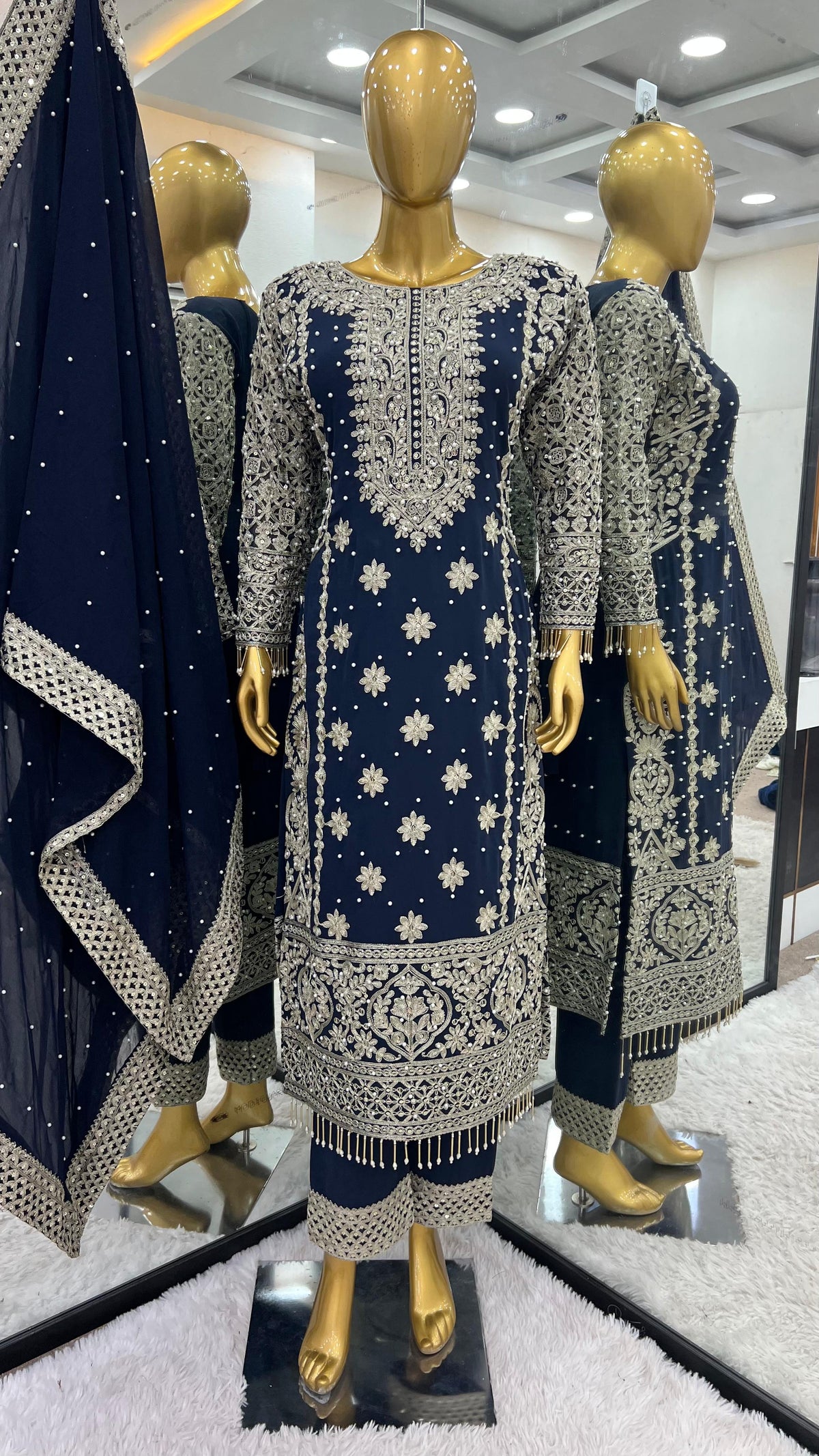 Reception Wear Navy Blue Color Faux Georgette With Heavy Embroidery Sequence Work Designer Salwar Suit