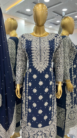 Reception Wear Navy Blue Color Faux Georgette With Heavy Embroidery Sequence Work Designer Salwar Suit