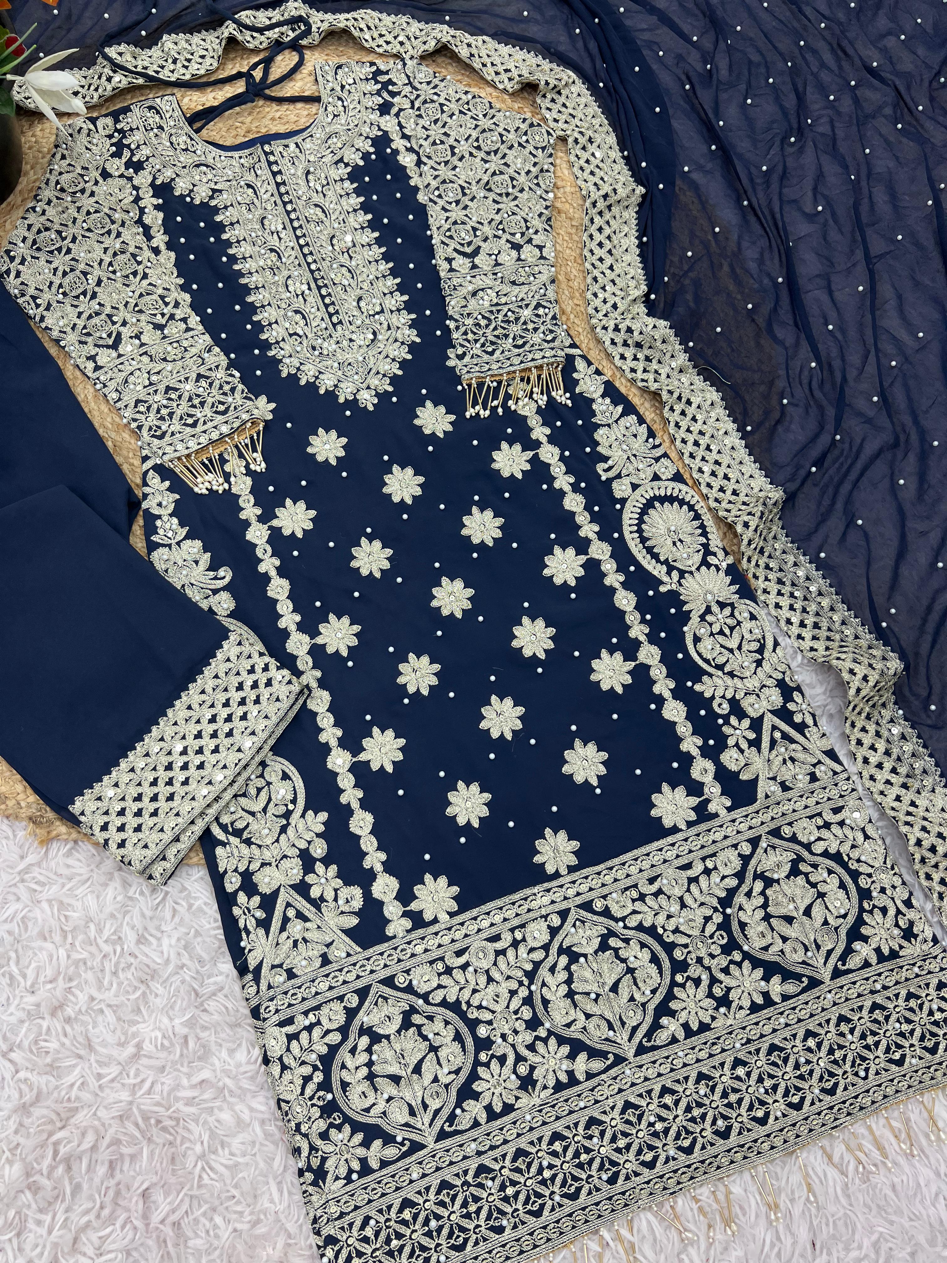 Reception Wear Navy Blue Color Faux Georgette With Heavy Embroidery Sequence Work Designer Salwar Suit