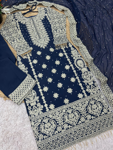 Reception Wear Navy Blue Color Faux Georgette With Heavy Embroidery Sequence Work Designer Salwar Suit