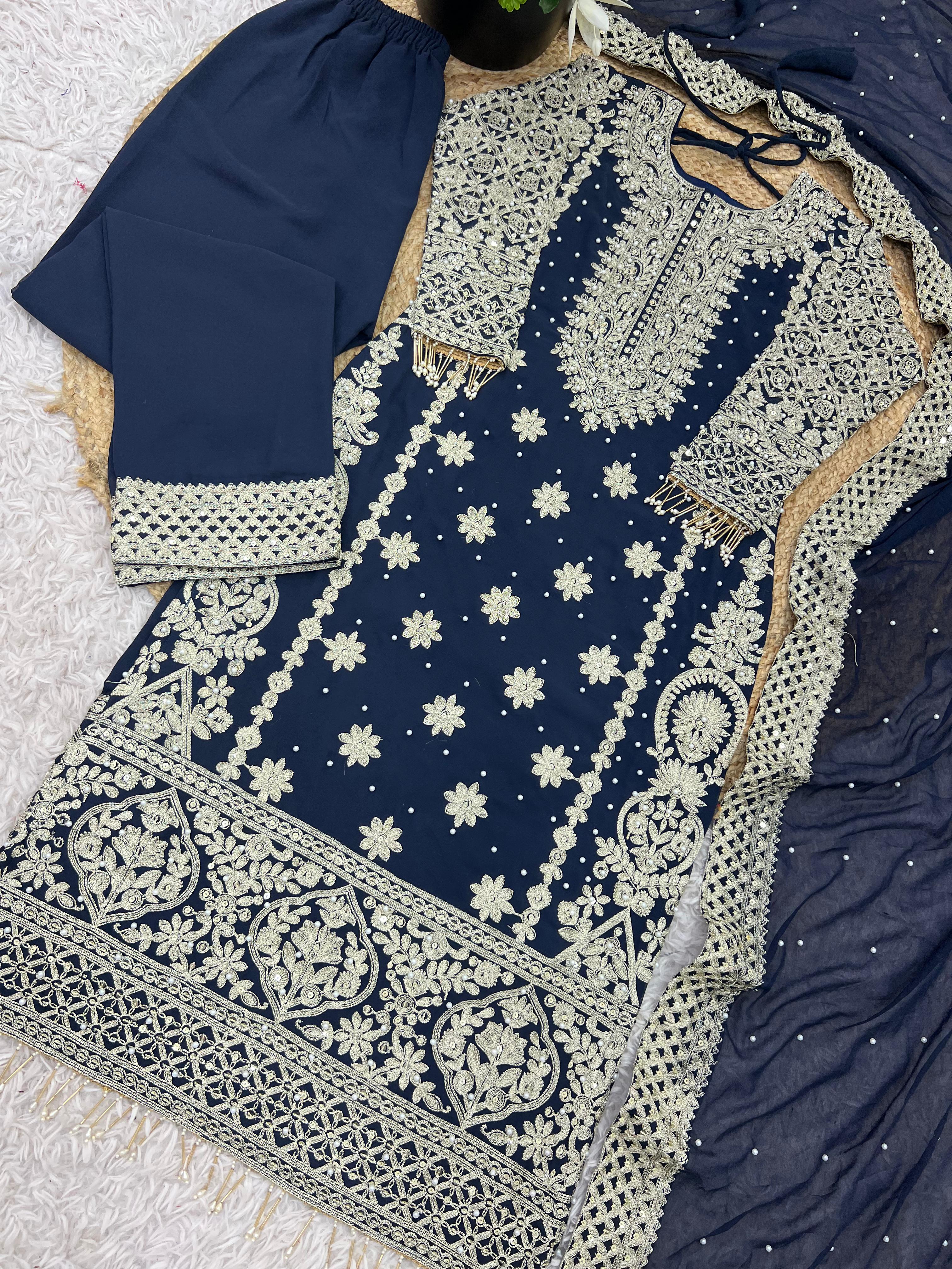 Reception Wear Navy Blue Color Faux Georgette With Heavy Embroidery Sequence Work Designer Salwar Suit