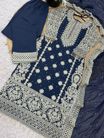 Reception Wear Navy Blue Color Faux Georgette With Heavy Embroidery Sequence Work Designer Salwar Suit