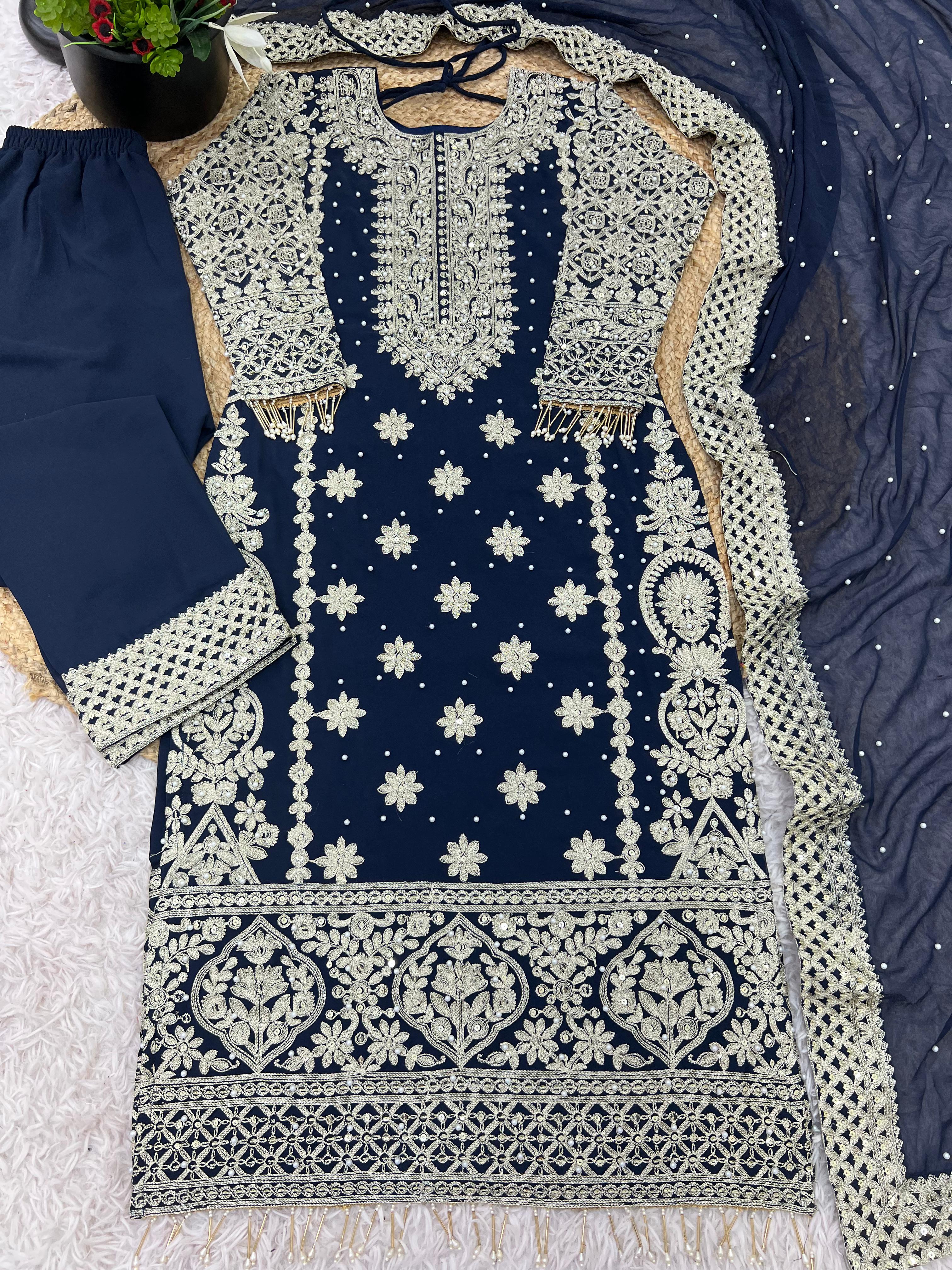 Reception Wear Navy Blue Color Faux Georgette With Heavy Embroidery Sequence Work Designer Salwar Suit