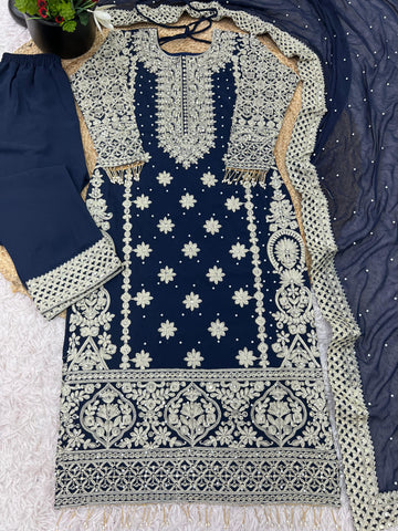 Reception Wear Navy Blue Color Faux Georgette With Heavy Embroidery Sequence Work Designer Salwar Suit