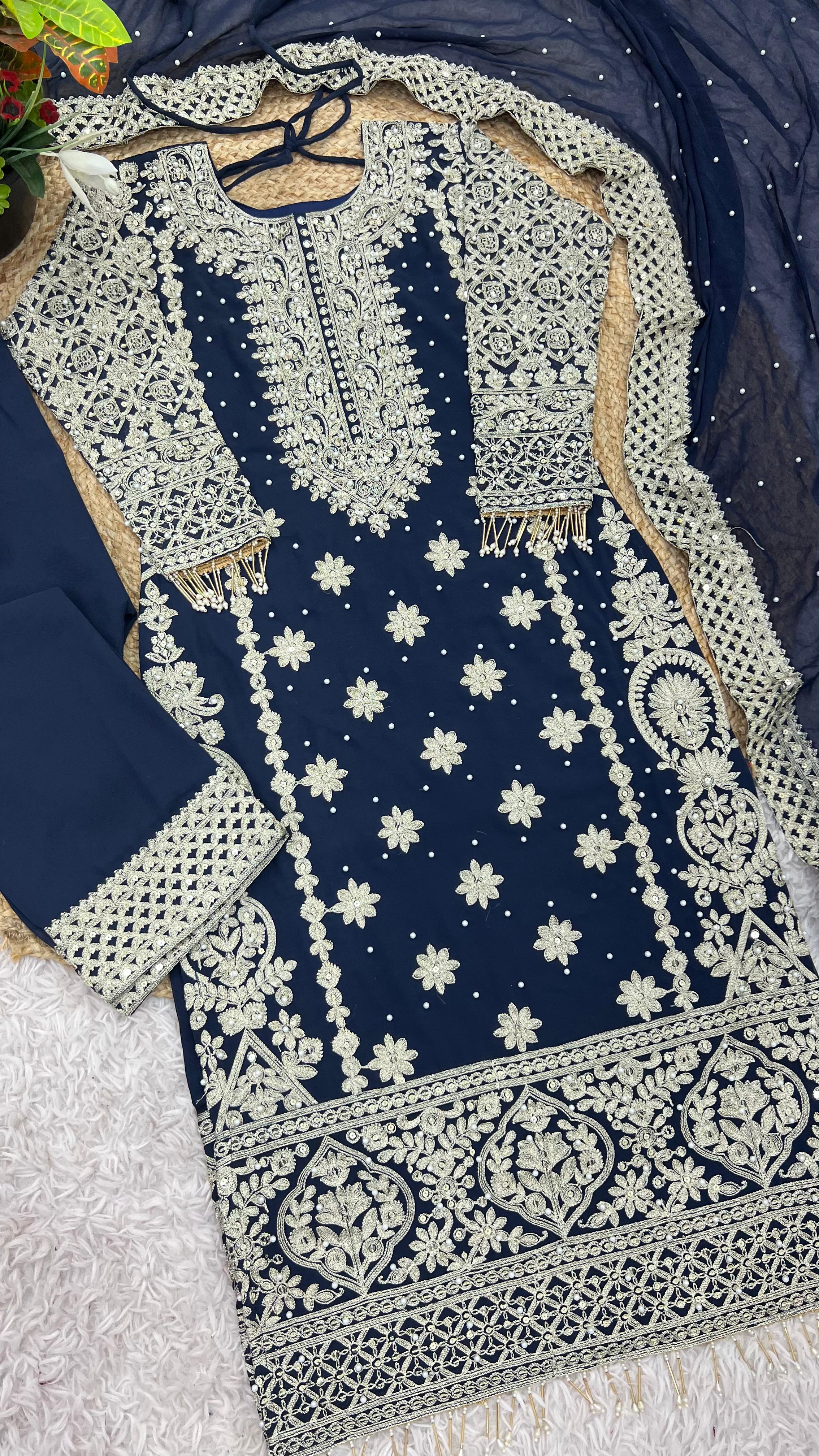 Reception Wear Navy Blue Color Faux Georgette With Heavy Embroidery Sequence Work Designer Salwar Suit