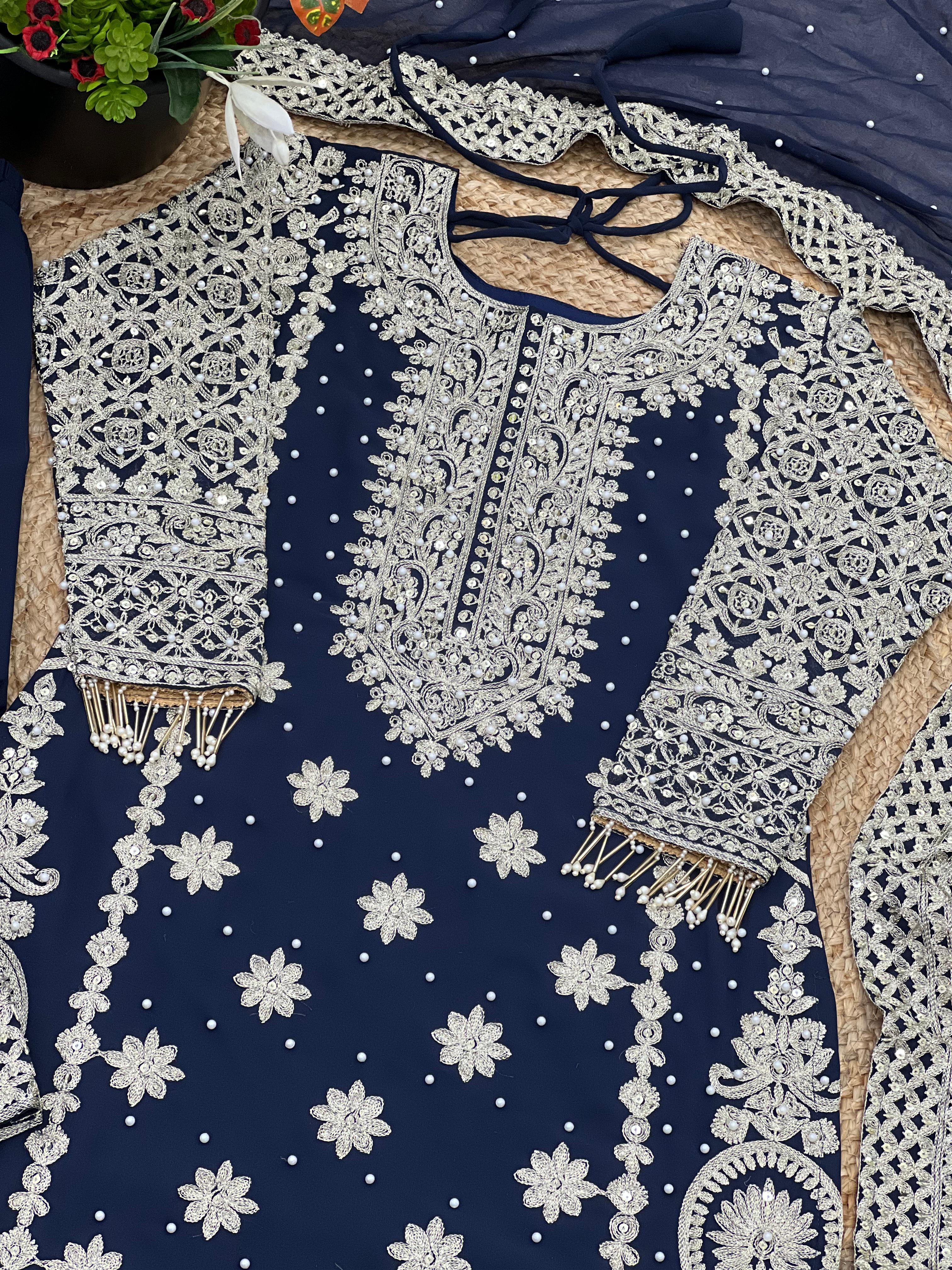 Reception Wear Navy Blue Color Faux Georgette With Heavy Embroidery Sequence Work Designer Salwar Suit