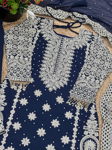 Reception Wear Navy Blue Color Faux Georgette With Heavy Embroidery Sequence Work Designer Salwar Suit