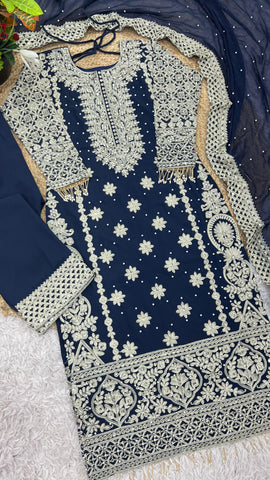 Reception Wear Navy Blue Color Faux Georgette With Heavy Embroidery Sequence Work Designer Salwar Suit