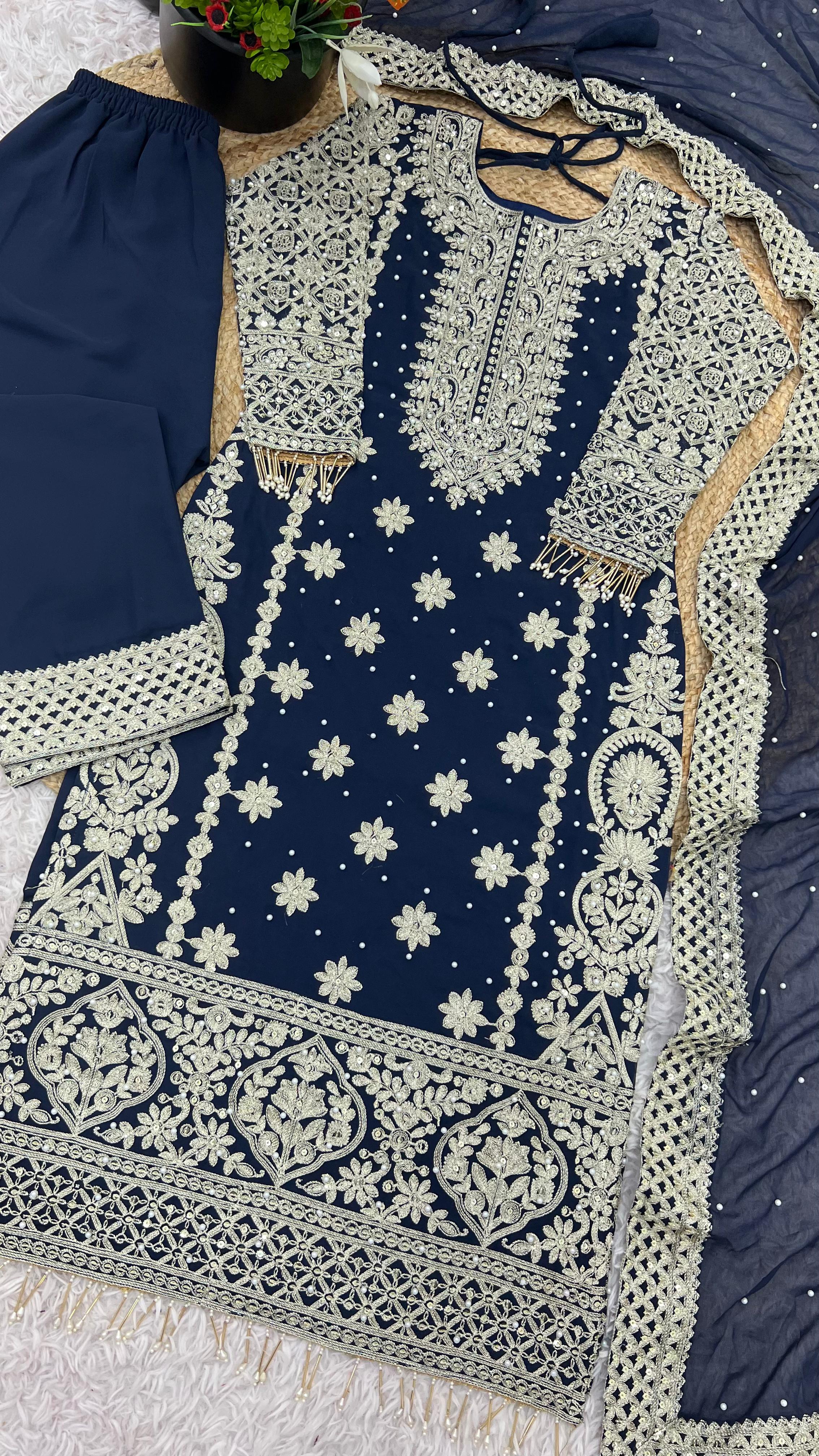 Reception Wear Navy Blue Color Faux Georgette With Heavy Embroidery Sequence Work Designer Salwar Suit